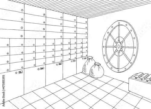 Bank vault safe storage interior graphic black white sketch illustration vector 