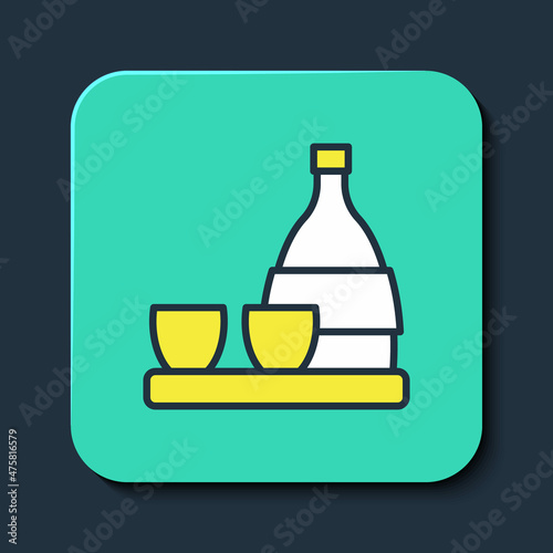 Filled outline Bottle of sake, small cup of sake icon isolated on blue background. Turquoise square button. Vector