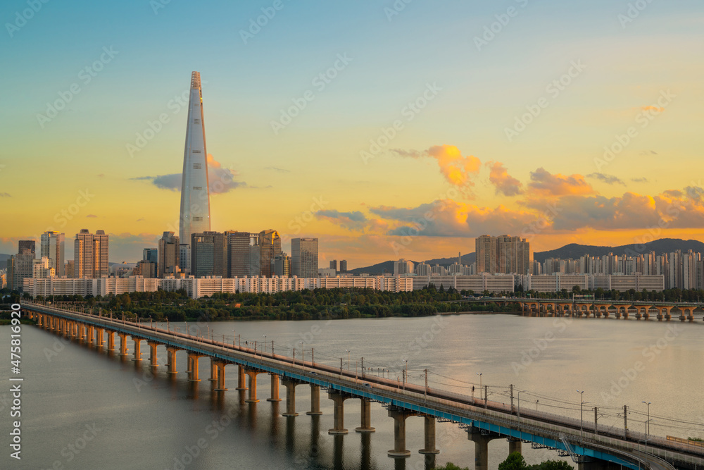 Panoramic view of Hangang River and Seoul city skyline with sunset sky in Korea