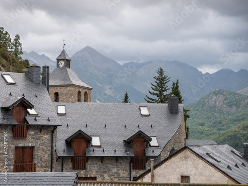 View over the roofs of Tramacastilla de Tena and its church  Valle de Tena valley  Huesca  Aragon  Spain