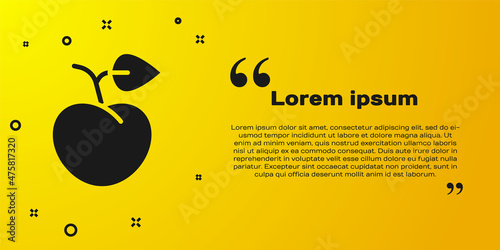 Black Peach fruit or nectarine with leaf icon isolated on yellow background. Vector