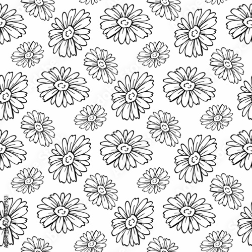 Seamless pattern with black-and-white chamomile on white background. Vector image.