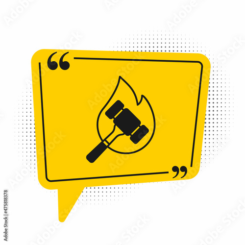 Black Auction hammer icon isolated on white background. Gavel - hammer of judge or auctioneer. Bidding process, deal done. Auction bidding. Yellow speech bubble symbol. Vector