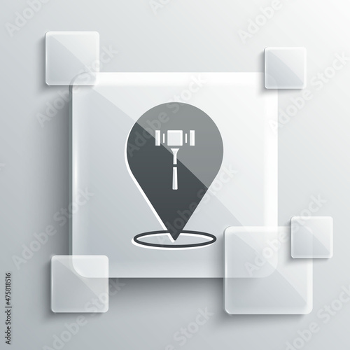 Grey Auction hammer icon isolated on grey background. Gavel - hammer of judge or auctioneer. Bidding process, deal done. Auction bidding. Square glass panels. Vector