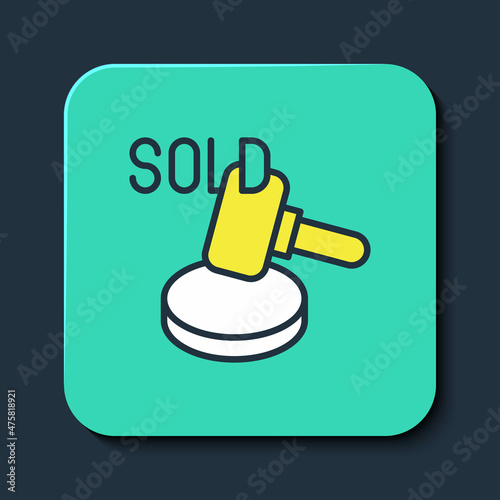 Filled outline Auction hammer icon isolated on blue background. Gavel - hammer of judge or auctioneer. Bidding process, deal done. Auction bidding. Turquoise square button. Vector
