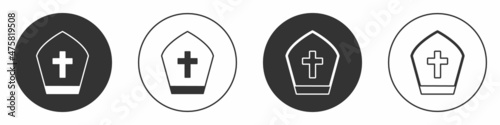 Black Pope hat icon isolated on white background. Christian hat sign. Circle button. Vector