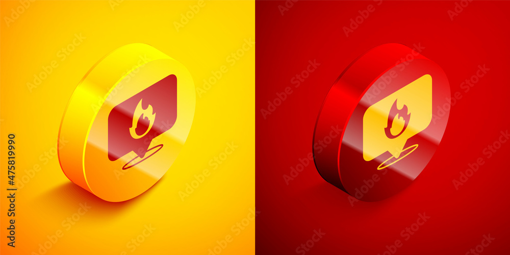 Isometric Map pointer with fire flame icon isolated on orange and red background. Fire nearby. Circle button. Vector