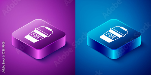 Isometric Fire bucket icon isolated on blue and purple background. Metal bucket empty or with water for fire fighting. Square button. Vector