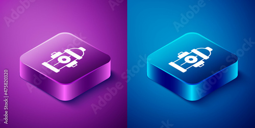 Isometric Fire hydrant icon isolated on blue and purple background. Square button. Vector