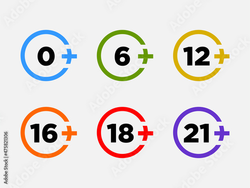 Set marks age limit sing restriction. Vector icons for children censoring content.