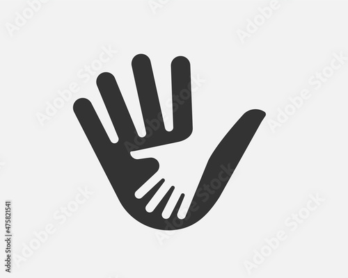 Helping hands symbol. Parent and child sign. Kids help and care icon. Support family vector.