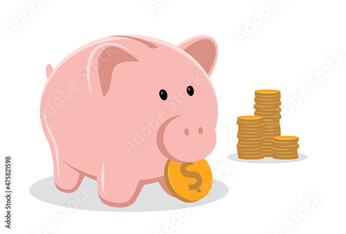 Piggy bank with coin vector illustration. Saving, investing and accumulation money. Pig in a flat style.
