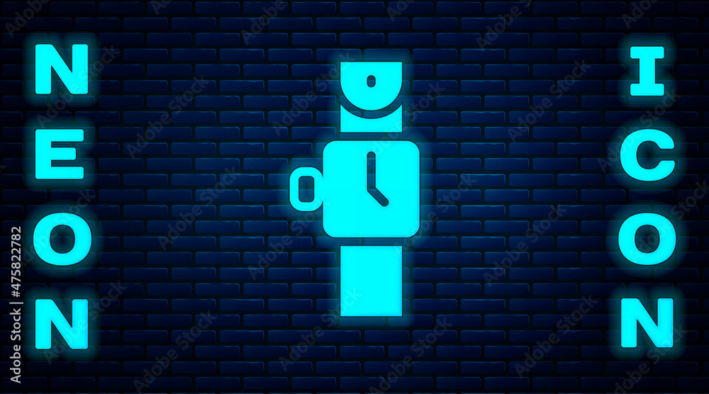Glowing neon Wrist watch icon isolated on brick wall background. Wristwatch icon. Vector Glowing neon Wrist watch icon isolated on brick wall background. Wristwatch icon. Vector