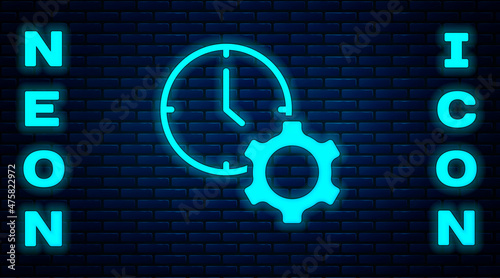 Glowing neon Time management icon isolated on brick wall background. Clock and gear sign. Productivity symbol. Vector