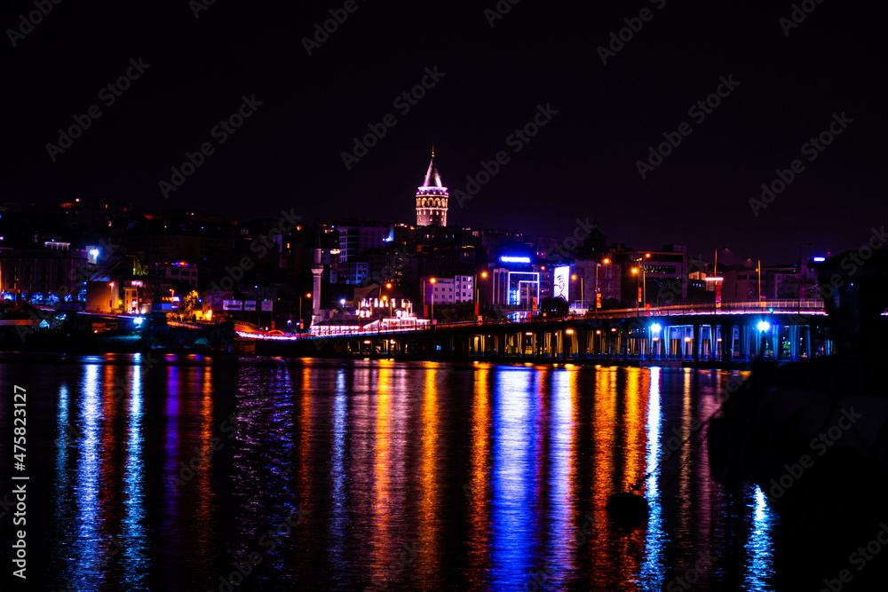 istanbul city galata buildings lights reflection on water at night