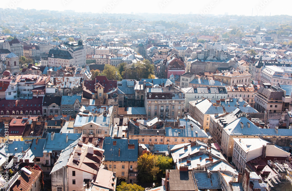 Lviv, Ukraine - October 15 2021: View of the roofs of the town Lviv Ukraine