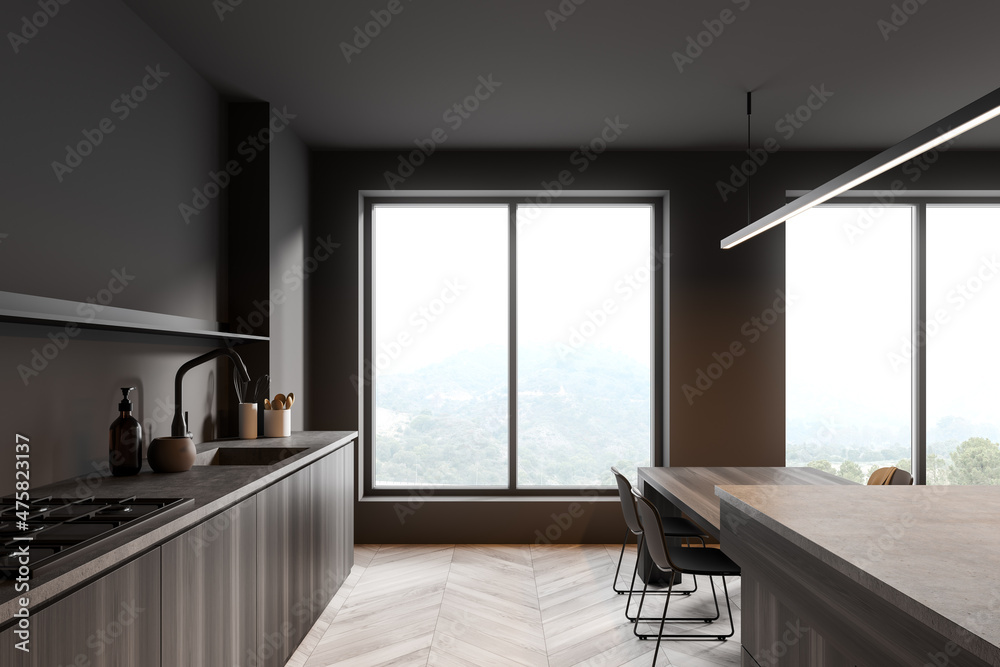 Side view on dark kitchen room interior with panoramic window
