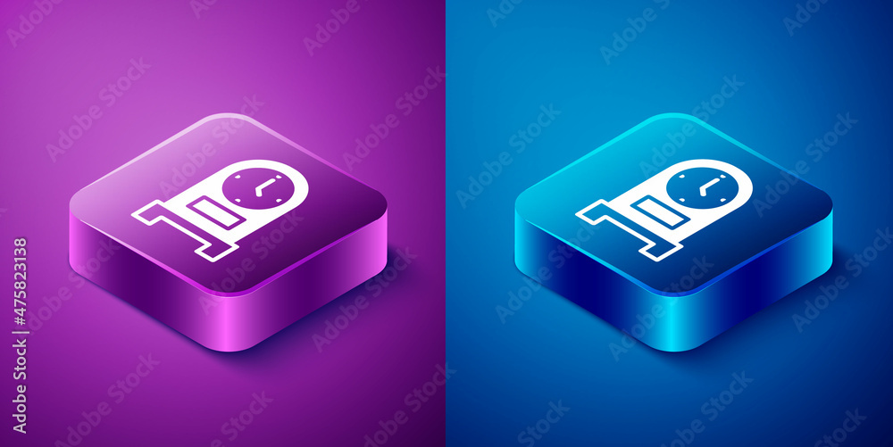 Isometric Antique clock icon isolated on blue and purple background. Square button. Vector