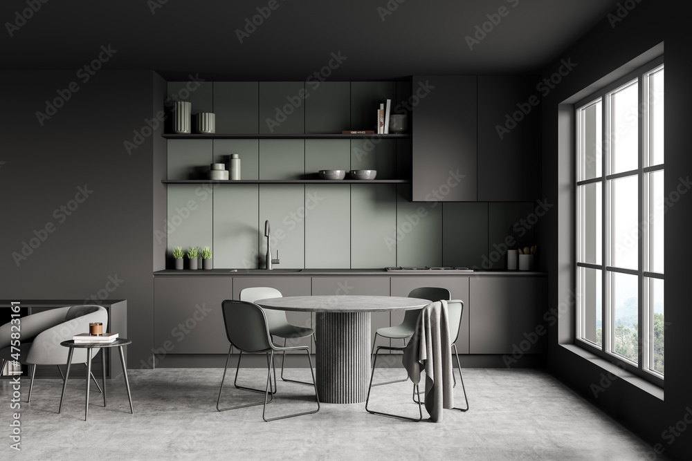 Fototapeta premium Dark kitchen set interior with dining table and chairs, shelf with kitchenware