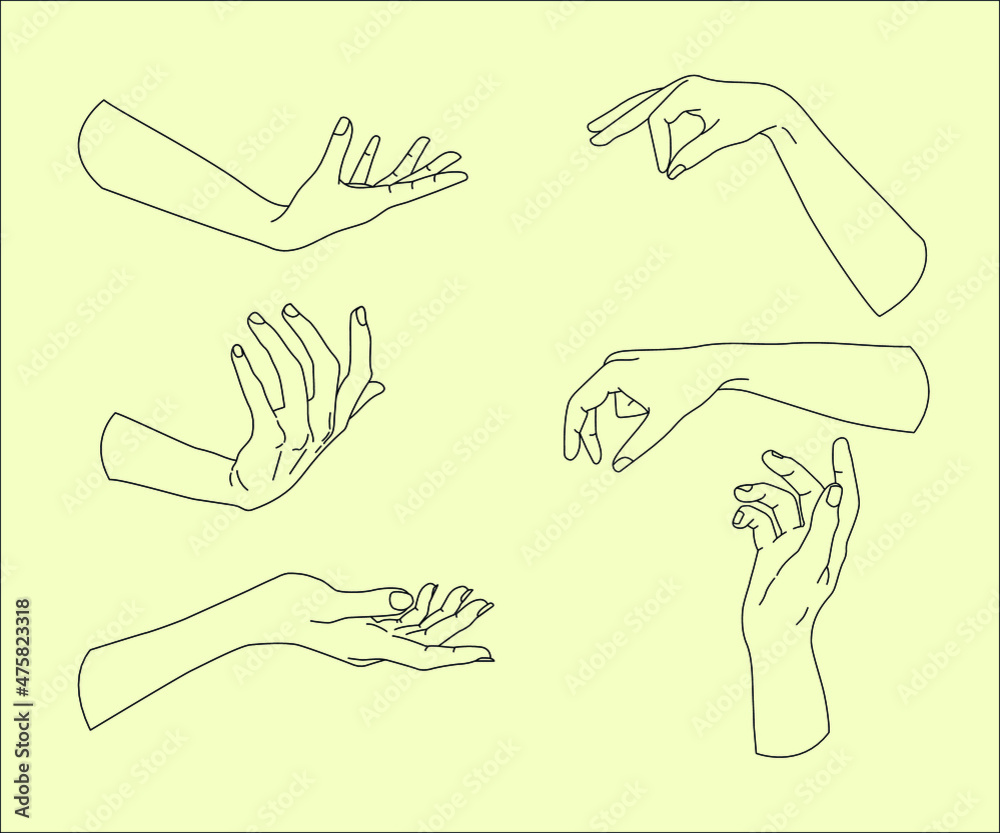 Set of Hand Gestures, Line drawing Gesturing Hand Collection