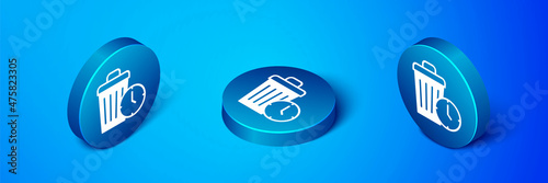 Isometric Waste of time icon isolated on blue background. Trash can. Garbage bin sign. Recycle basket icon. Office trash icon. Blue circle button. Vector