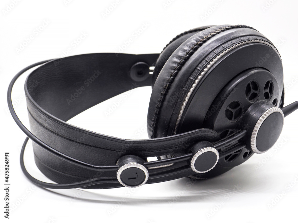 black professional studio monitor headphones isolated on white background black professional studio monitor headphones isolated on white background