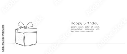 One Continuous line drawing of Birthday Gift box with ribbon and bow. Festive present and wrapped surprise package in simple linear style. Doodle vector illustration