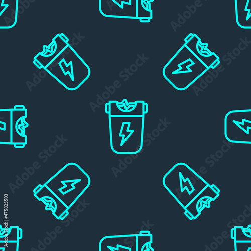 Green line Police electric shocker icon isolated seamless pattern on blue background. Shocker for protection. Taser is an electric weapon. Vector