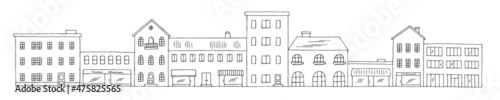 Town street graphic black white long city building landscape sketch illustration vector 
