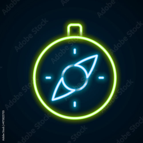 Glowing neon line Compass icon isolated on black background. Windrose navigation symbol. Wind rose sign. Colorful outline concept. Vector