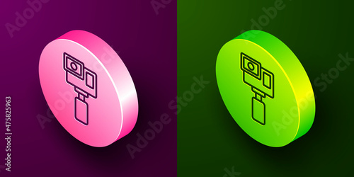 Isometric line Action extreme camera icon isolated on purple and green background. Video camera equipment for filming extreme sports. Circle button. Vector