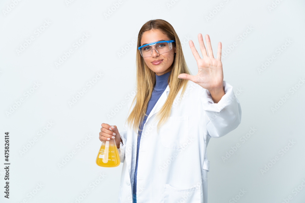 Young scientific woman isolated on white background counting five with fingers Young scientific woman isolated on white background counting five with fingers