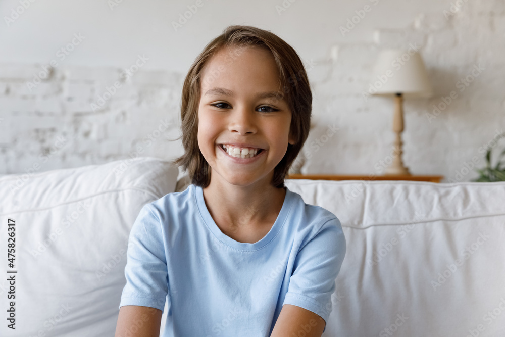 Head shot portrait of adorable small preteen kid boy with long hairstyle sitting on couch. Smiling little 12s child looking at camera, enjoying distant video call distant conversation at home. Head shot portrait of adorable small preteen kid boy with long hairstyle sitting on couch. Smiling little 12s child looking at camera, enjoying distant video call distant conversation at home.