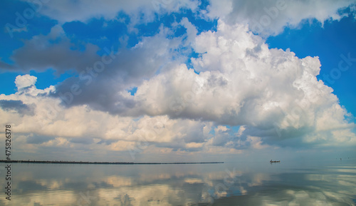 Panorama of a blue sky with clouds and water reflection 