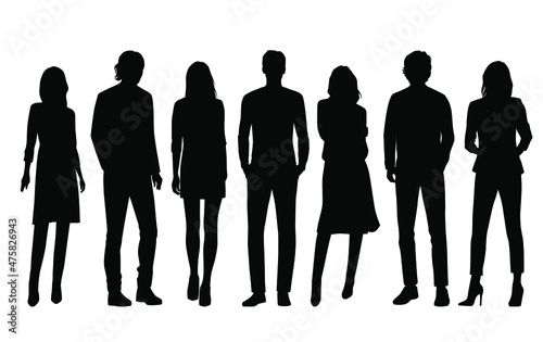 Vector silhouettes of men and a women, a group of standing business people, profile, black color isolated on white background