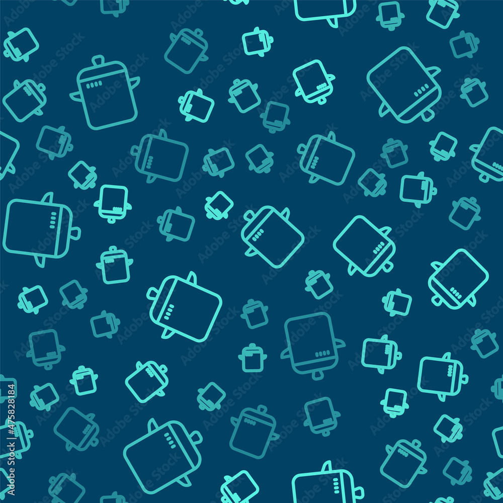 Green line Cooking pot icon isolated seamless pattern on blue background. Boil or stew food symbol. Vector Green line Cooking pot icon isolated seamless pattern on blue background. Boil or stew food symbol. Vector