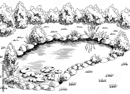 Pond graphic black white landscape sketch illustration vector 