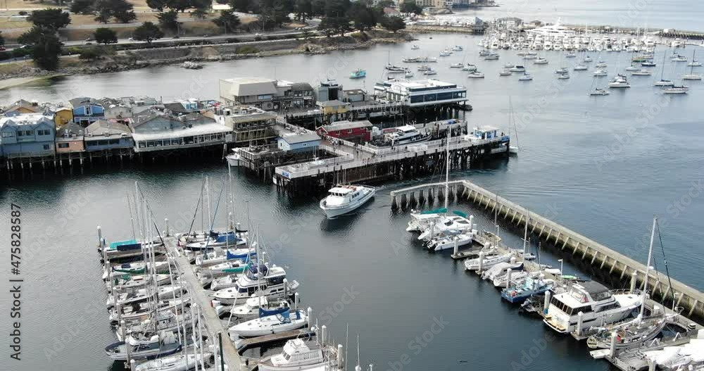 An aerial shot of lines of boats in Fisherman's Wharf, San Francisco, California