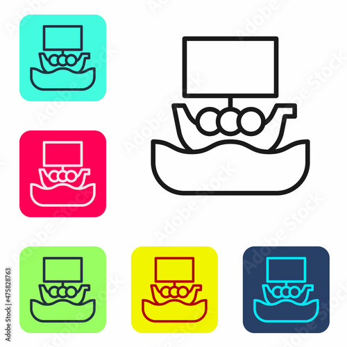 Black line Ancient viking scandinavian drakkar icon isolated on white background. Viking transport ship. Set icons in color square buttons. Vector