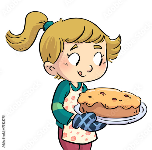 Illustration of little girl with a delicious cake