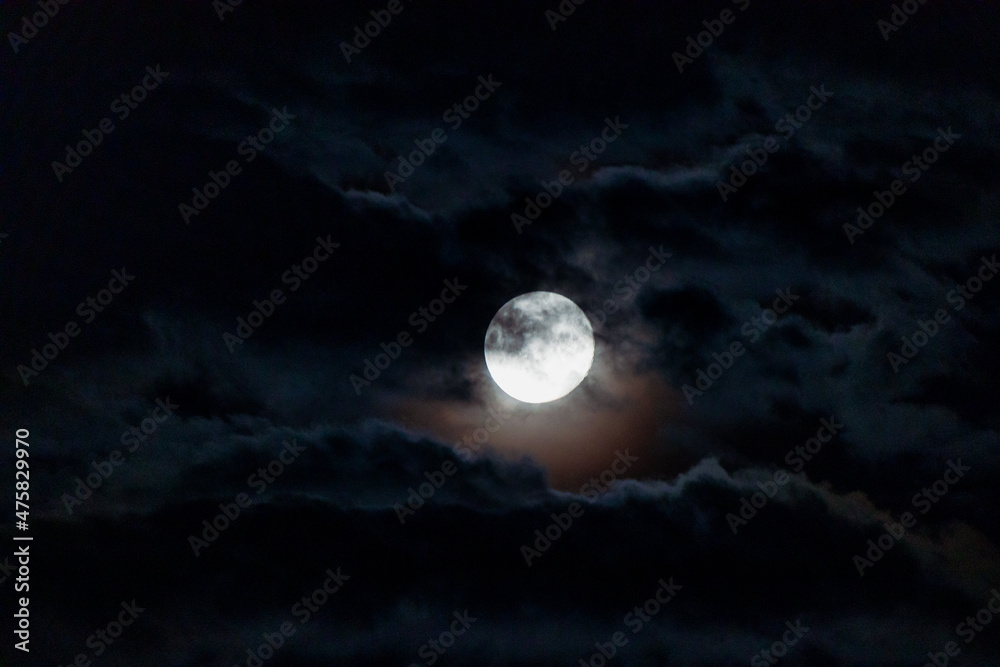 full moon with dark clouds in front of it in the night sky