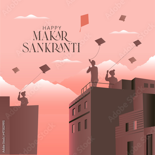 Children fly kites for the holiday Makar Sankranti Hindu harvest festival
