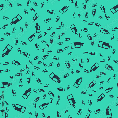 Black Plastic bottle for laundry detergent, bleach, dishwashing liquid or another cleaning agent icon isolated seamless pattern on green background. Vector