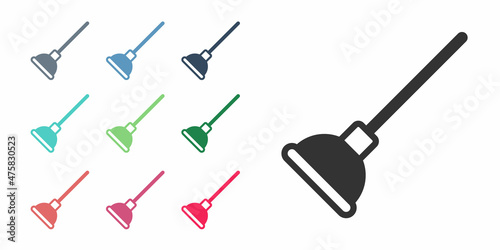 Black Rubber plunger with wooden handle for pipe cleaning icon isolated on white background. Toilet plunger. Set icons colorful. Vector