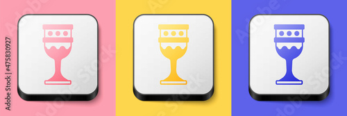 Isometric Medieval goblet icon isolated on pink, yellow and blue background. Holy grail. Square button. Vector