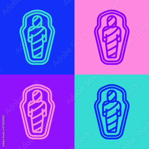 Pop art line Egypt mummy in sarcophagus icon isolated on color background. Vector