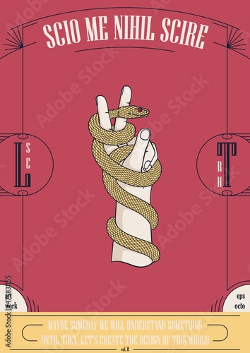 Snake on the hand. Mystical retro card. Symbol of deception and danger. Ready design elements for print, tattoo, t-shirt, web or other concepts. Vector template