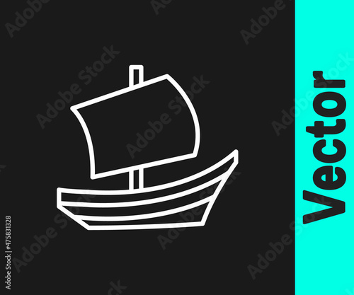 White line Egyptian ship icon isolated on black background. Egyptian papyrus boat. Vector