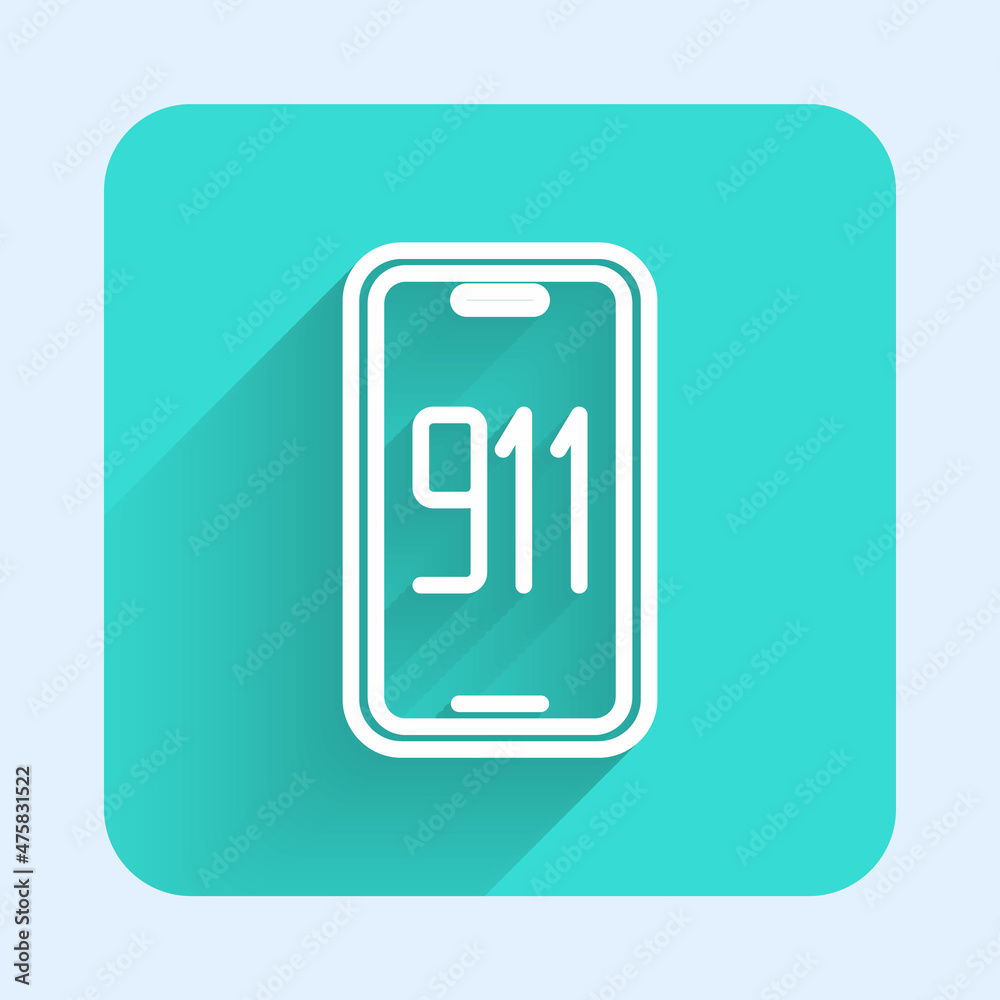 White line Mobile phone with emergency call 911 icon isolated with long shadow background. Police, ambulance, fire department, call, phone. Green square button. Vector White line Mobile phone with emergency call 911 icon isolated with long shadow background. Police, ambulance, fire department, call, phone. Green square button. Vector