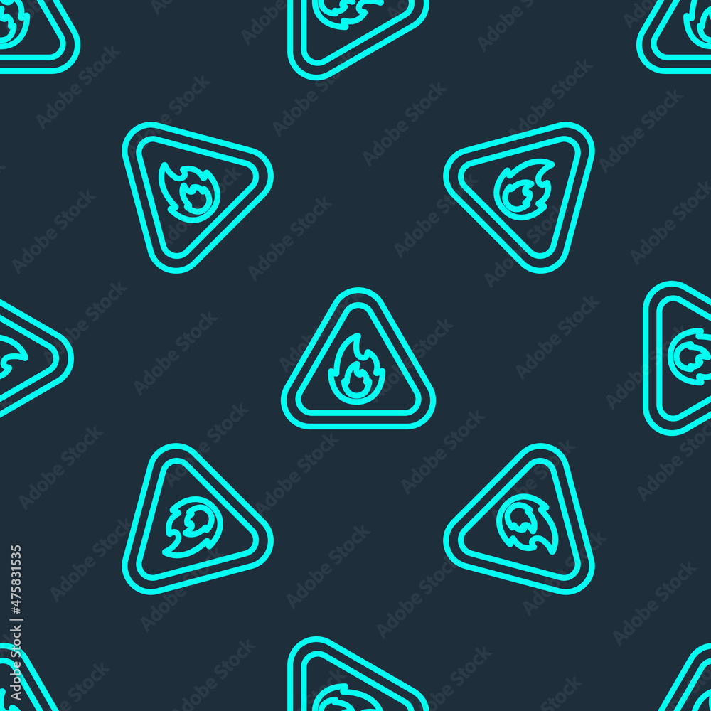 Green line Fire flame in triangle icon isolated seamless pattern on blue background. Warning sign of flammable product. Vector Green line Fire flame in triangle icon isolated seamless pattern on blue background. Warning sign of flammable product. Vector